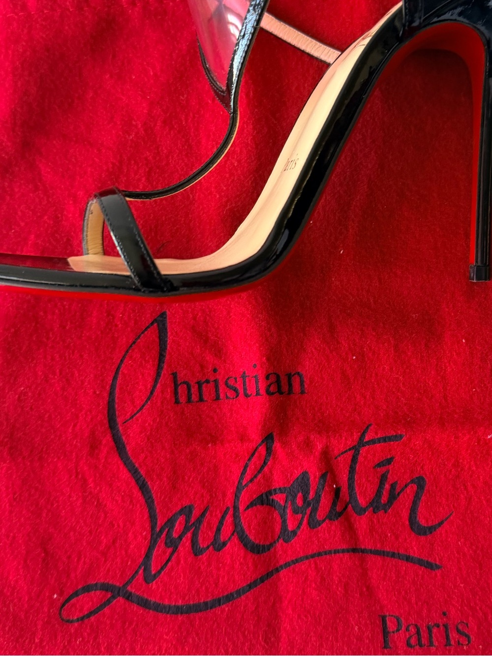 New Christian Louboutin Black Patent Sandal w/ Pink Heart Appliqués, red bottoms - Picture 3 of 4